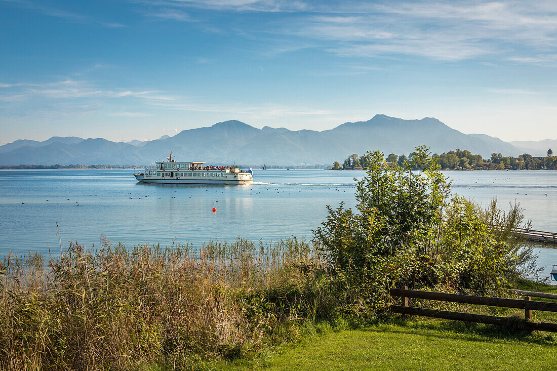 Passenger ship Irmingard near Gstadt am Chiemsee , Upper Bavaria, Bavaria, Germany