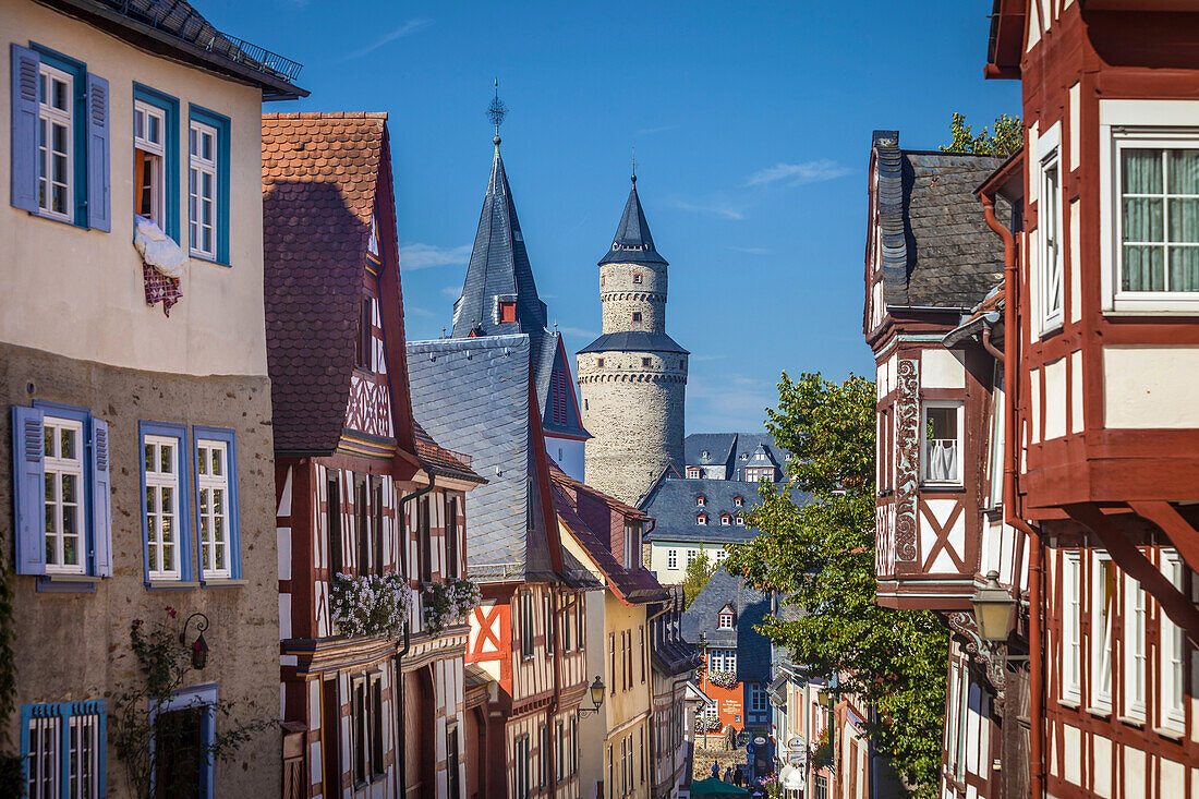 Altstadtgasse in Idstein with witch tower, Hesse, Germany