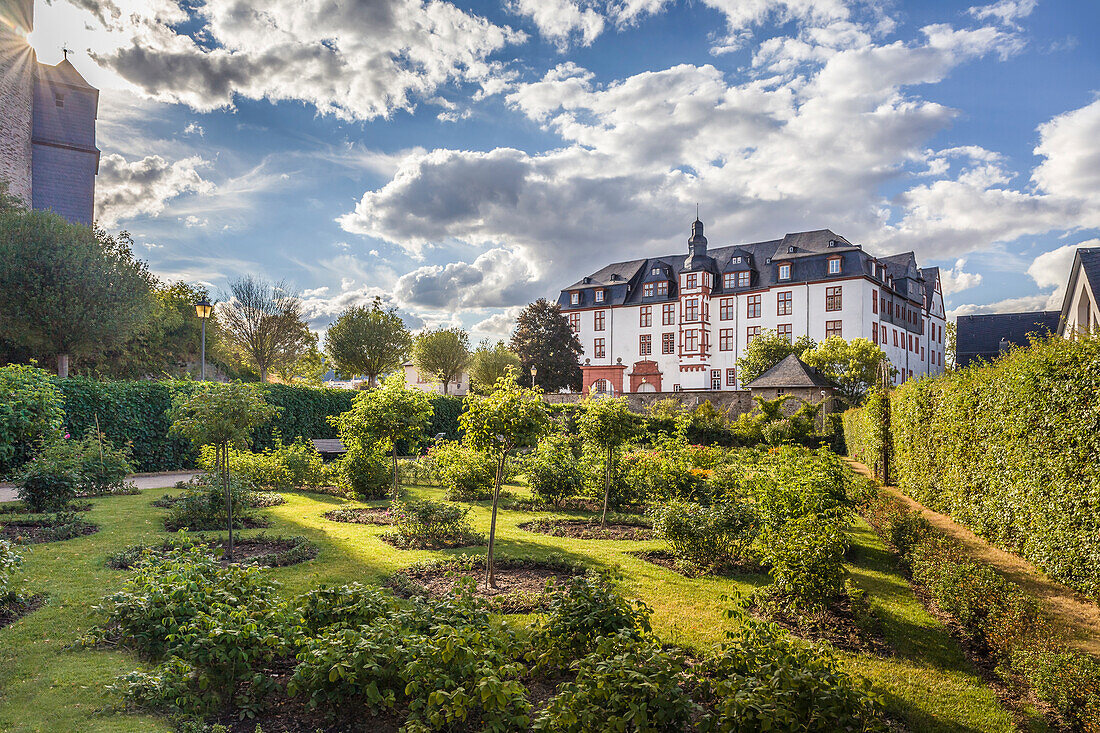 Rosengarten vor dem Residenzschloss Idstein, Hessen, Deutschland