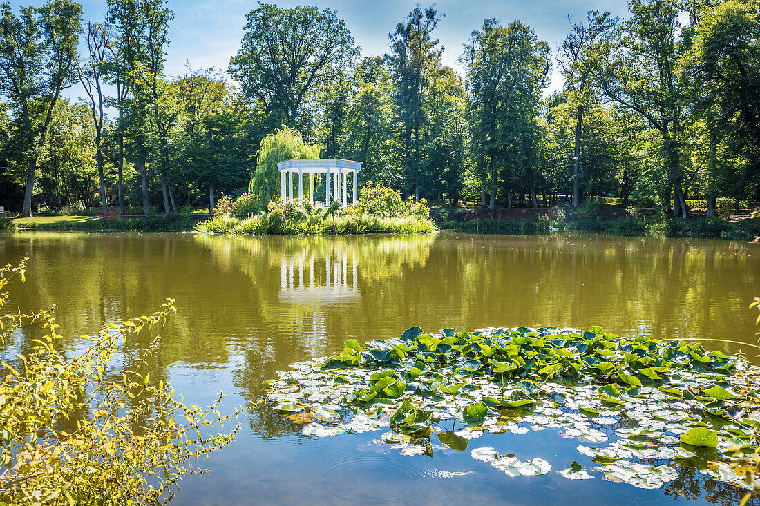 Pond with island and colonnades in Kleiner Tannenwald park in Bad Homburg vor der Hoehe, Taunus, Hesse, Germany