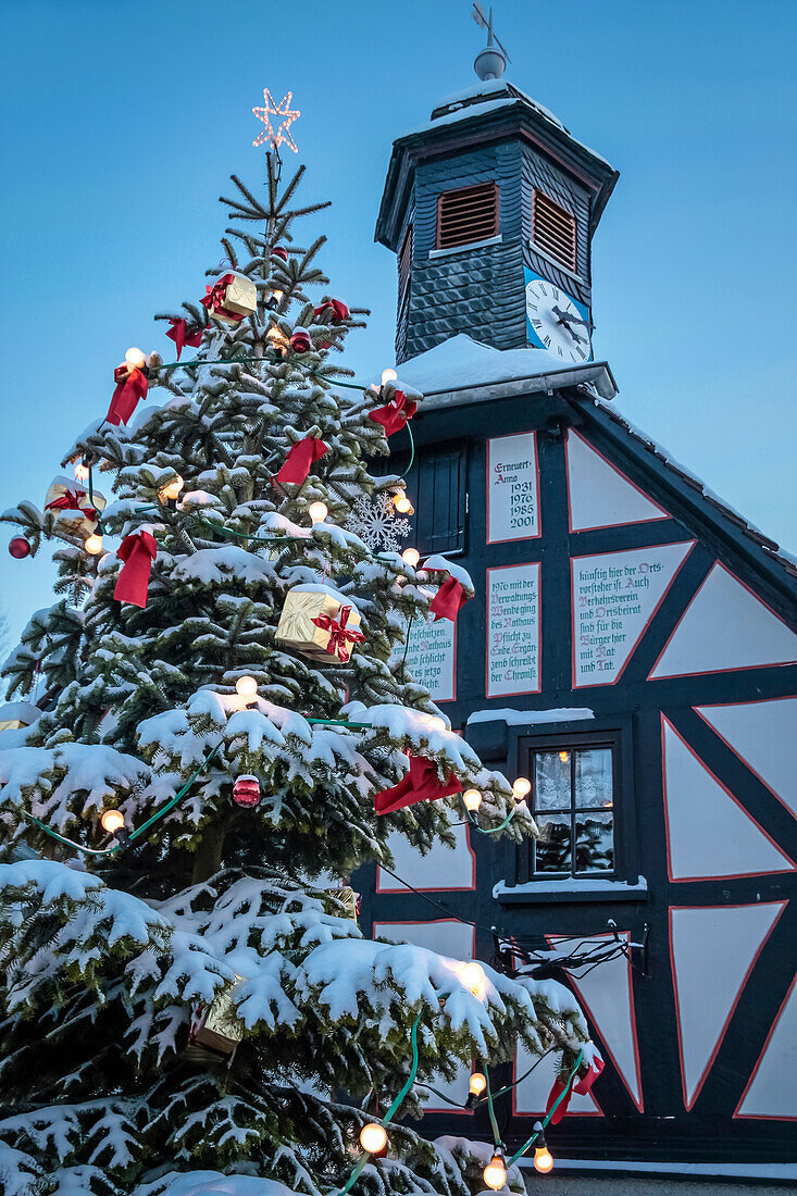 Altes Rathaus von Engenhahn mit Weihnachtsbaum, Niedernhausen, Hessen, Deutschland