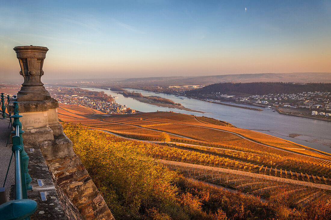 Blick von der Aussichtsterrasse Niederwald auf Rüdesheim, Rheingau, Hessen, Deutschland