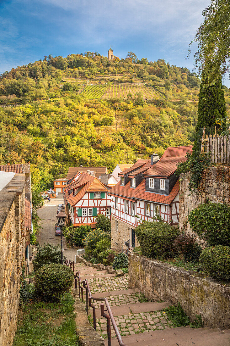 Blick von der Altstadt Heppenheims zur Starkenburg, Südhessen, Hessen, Deutschland