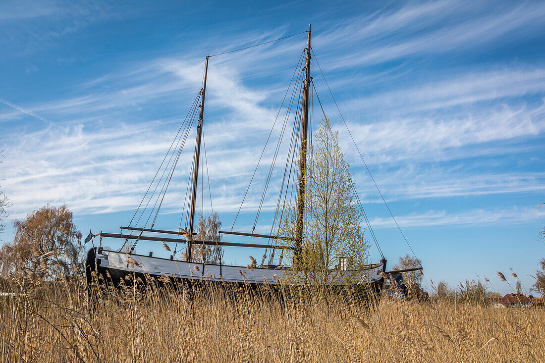 Sailing boat in the dry dock in the Boddenhafen of Zingst, Mecklenburg-West Pomerania, Northern Germany, Germany