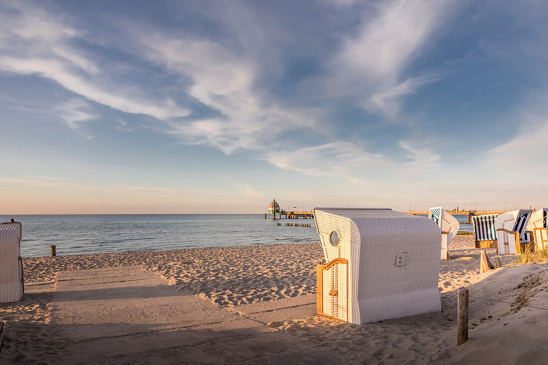 Evening mood with beach chairs on the beach of Zingst, Mecklenburg-Western Pomerania, Baltic Sea, Northern Germany, Germany