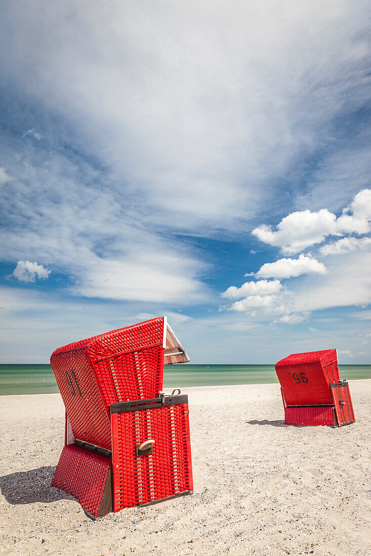 Red beach chairs on the beach at Zingst, Mecklenburg-Western Pomerania, Baltic Sea, Northern Germany, Germany