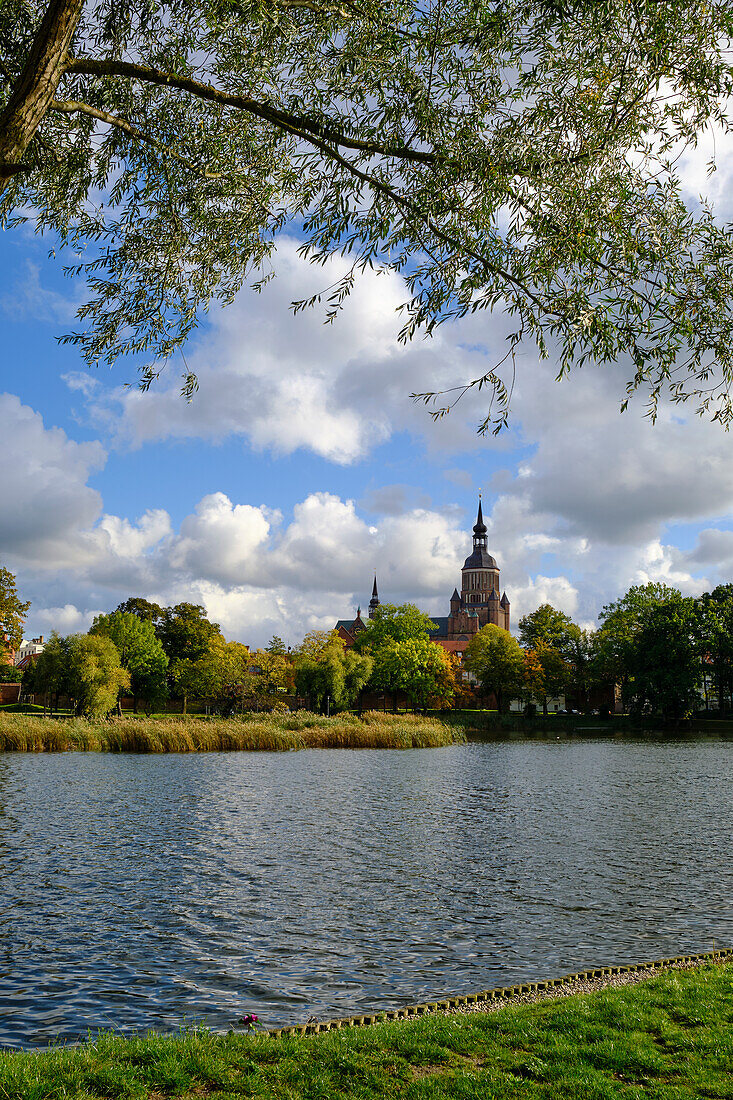 View of the old town of the World Heritage and Hanseatic City of Stralsund from Knieperteich, Mecklenburg-West Pomerania, Germany