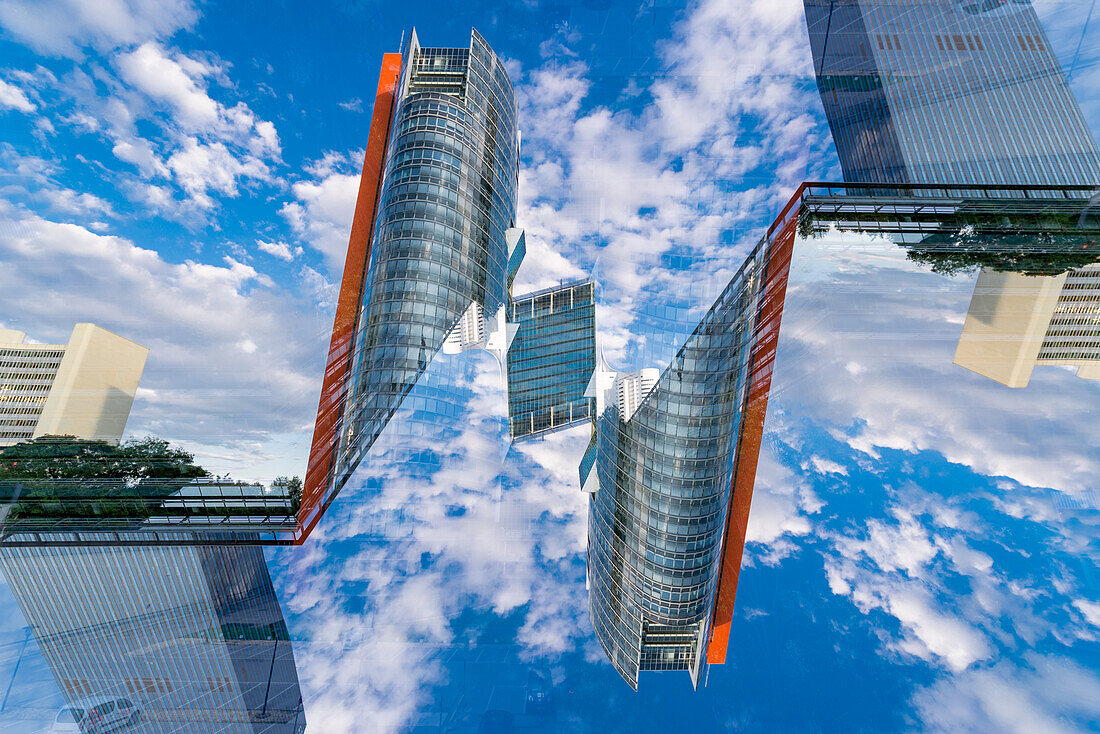 Modern housing estates on the left bank of the river Donau in Vienna, Austria, as seen from the Donau-City-Strasse.