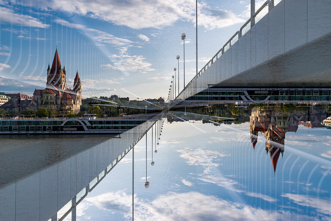 Doppelbelichtung der katholischen Kirche des Heiligen Franziskus am Ufer der Donau in Wien, Österreich.