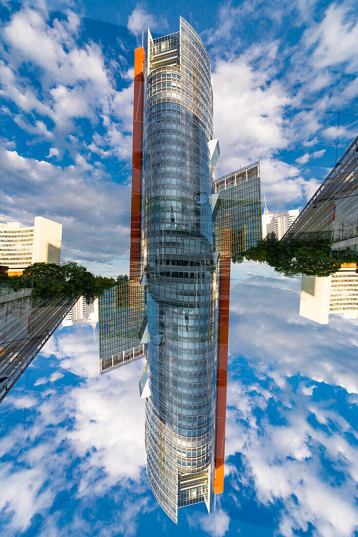 Modern housing estates on the left bank of the river Donau in Vienna, Austria, as seen from the Donau-City-Strasse.