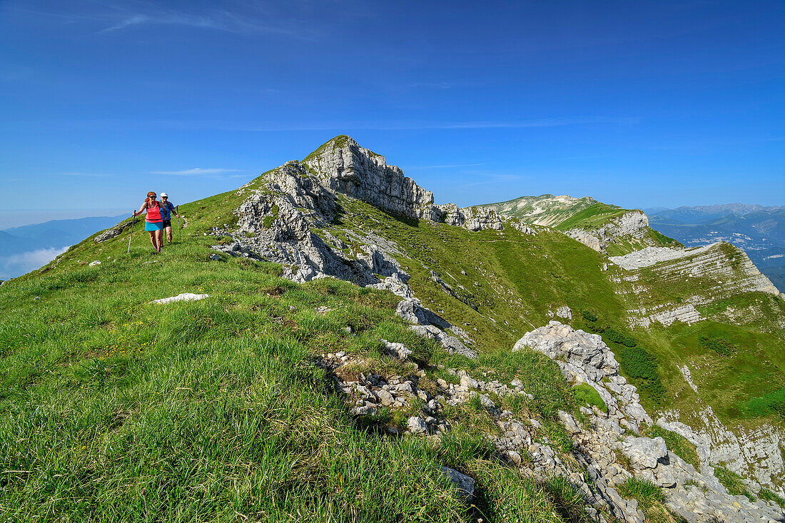 Man and woman hiking on a green ridge, Belluneser Höhenweg, Dolomites, Veneto, Venetia, Italy