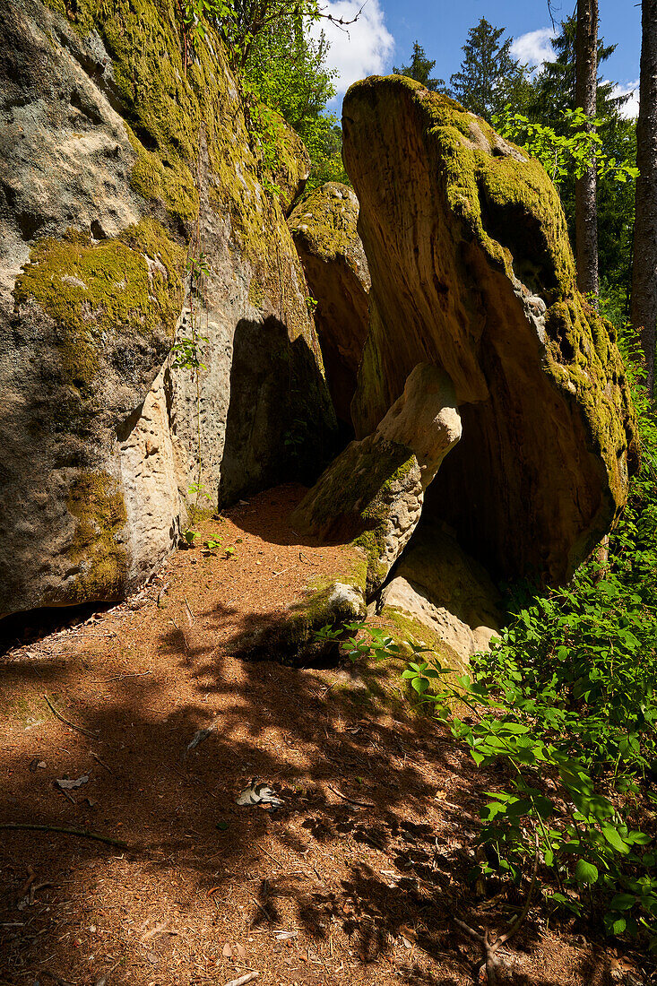 Die Rhät-Sandstein-Felsengruppe Diebskeller bei Altenstein, Naturpark Haßberge, Unterfranken, Bayern, Deutschland