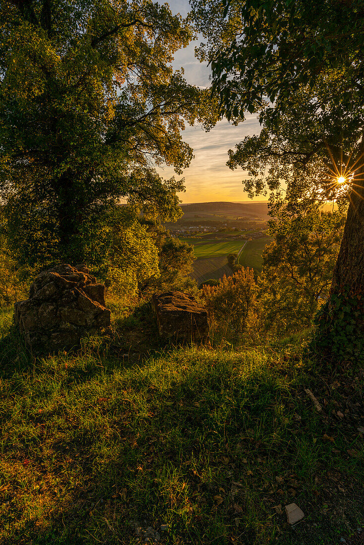 Evening mood over the municipality of Gössenheim, the Werntal near Gössenheim from the castle ruins of Homburg, Lower Franconia, Franconia, Bavaria, Germany