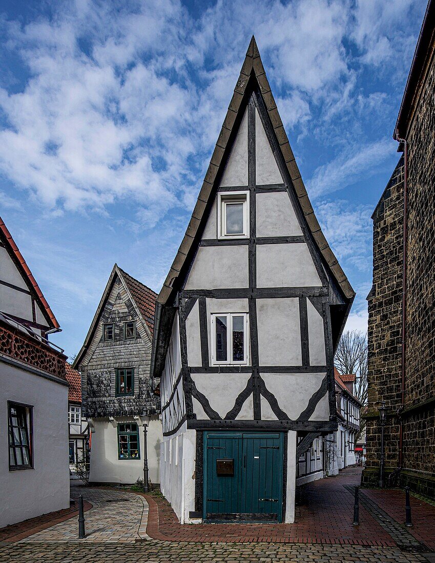 Half-timbered Windloch house from the 15th century in the old town of Minden, North Rhine-Westphalia, Germany