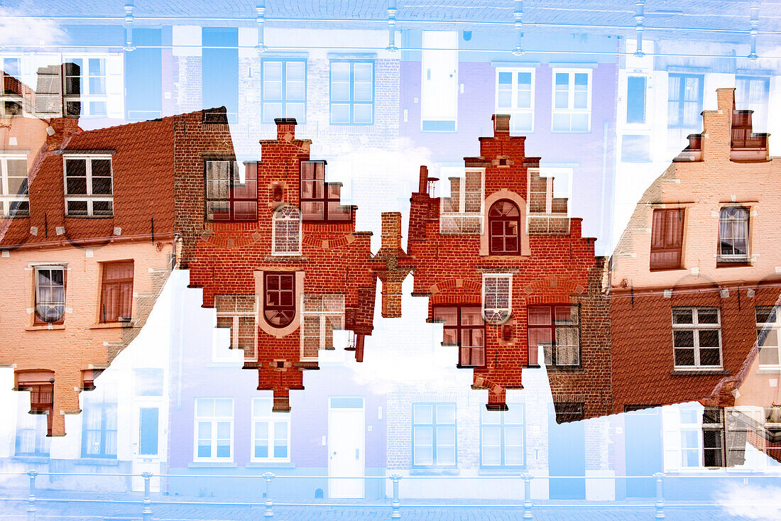 Double exposure of a stepped gable house in Bruges, Belgium.