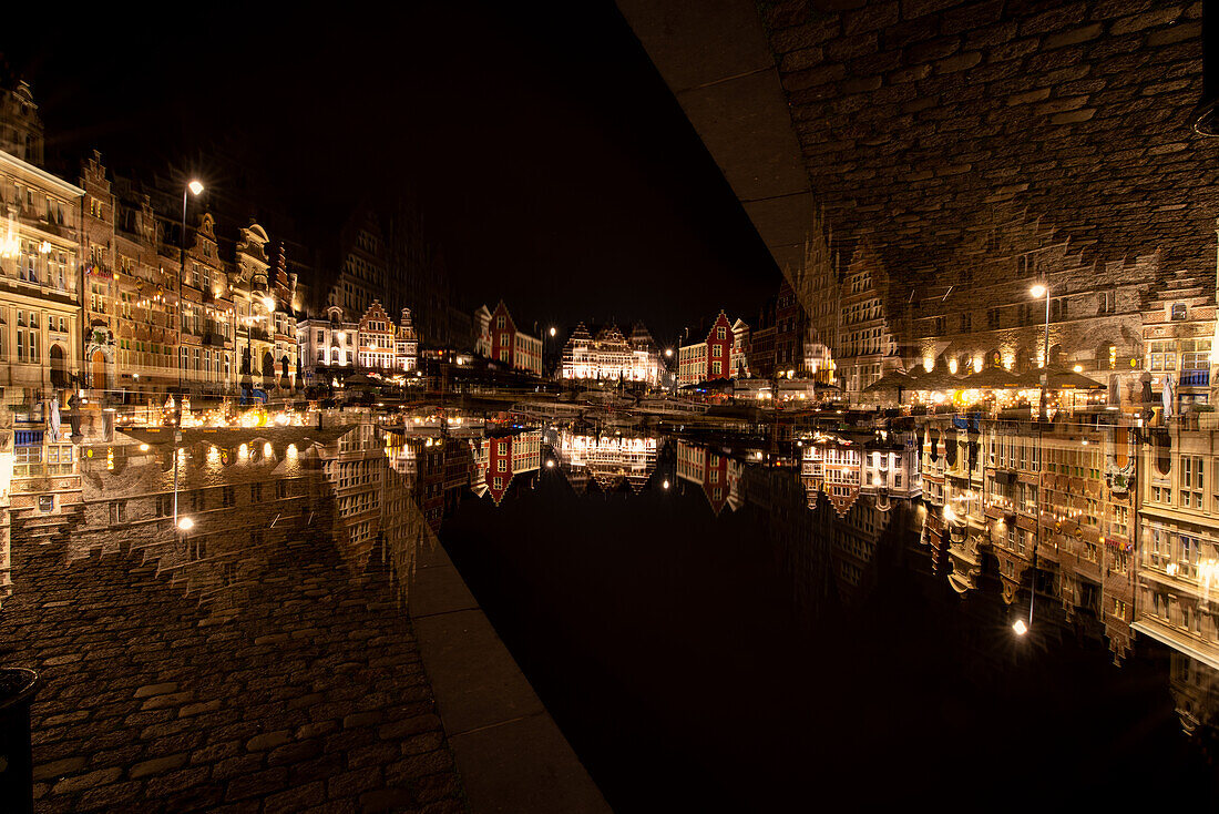 Double exposure of the former historical trading houses along the famous Graslei in Ghent, Belgium.