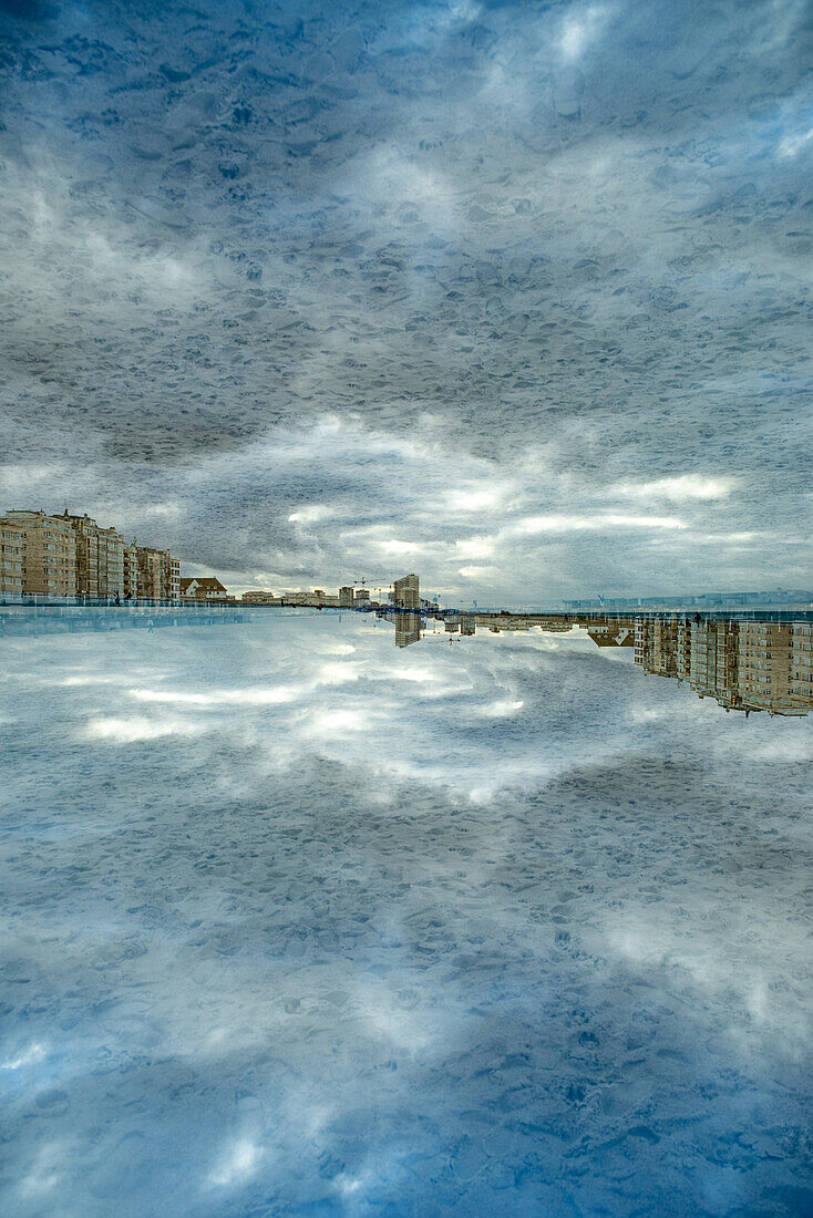 Double exposure of buildings near the beach in Ostend, Belgium.