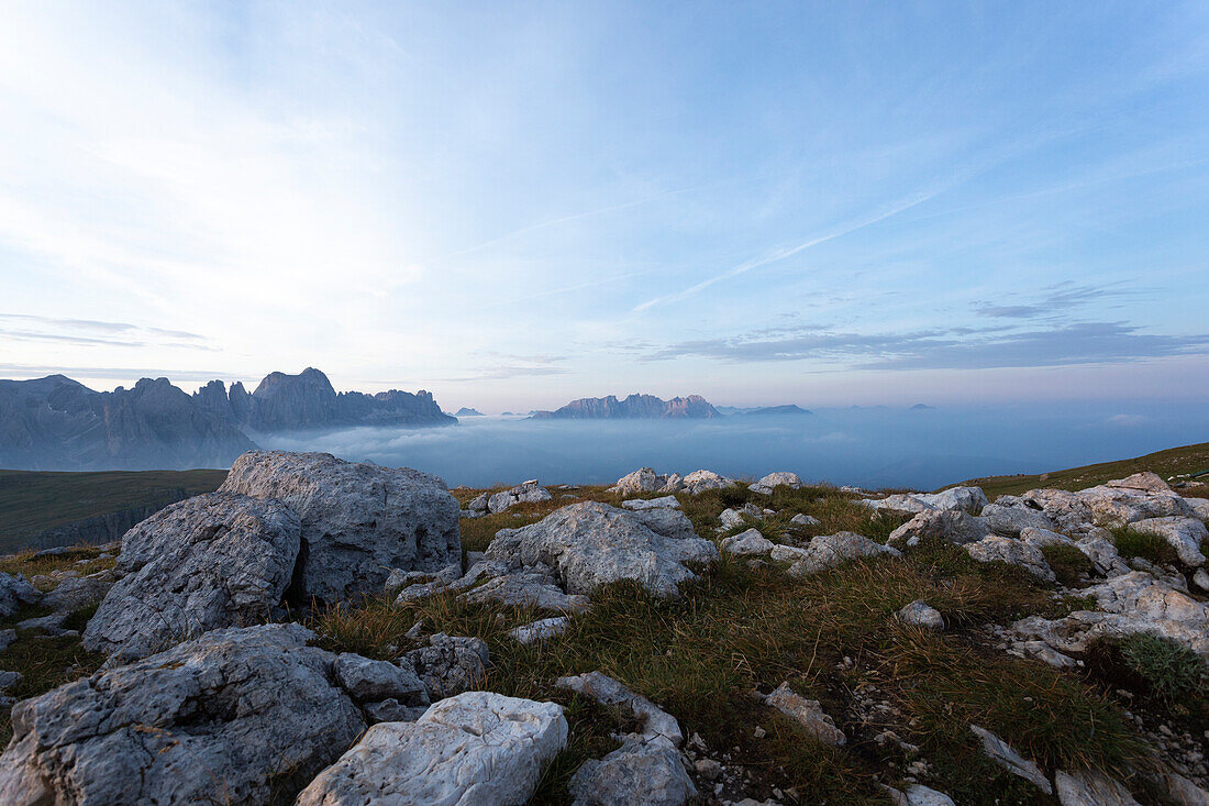 Above the clouds at sunrise at the Schlernhaus, Dolomites, Schlern, Rosengarten, South Tyrol, Italy