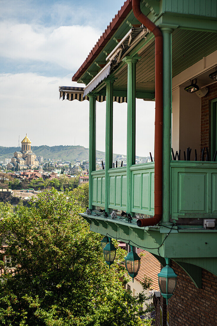Traditional architecture of Old Tbilisi with carving wooden balconies in spring day
