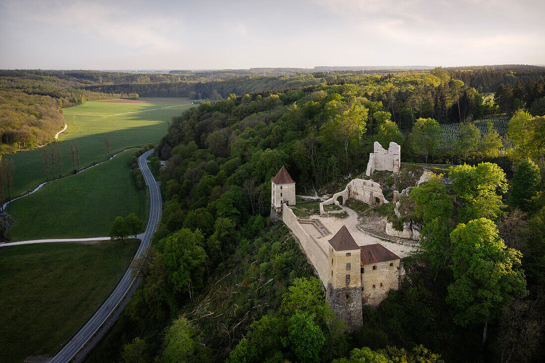 Aerial photo of the ruins of Kaltenberg Castle near Hürben in the Lone Valley, district of Heidenheim, Swabian Jura, Baden-Württemberg, Germany, Europe