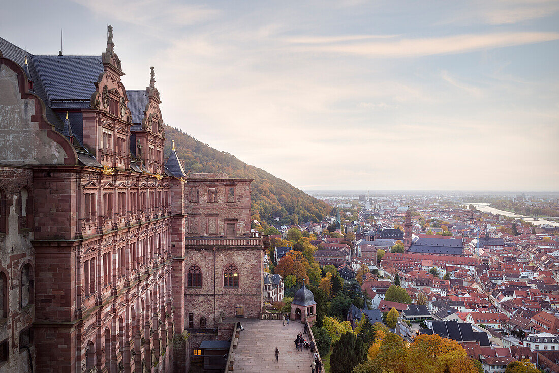 View of the north facade of the Heidelberg Castle ruins as well as the old town and the Neckar (river), Heidelberg, Baden-Wuerttemberg, Germany, Europe