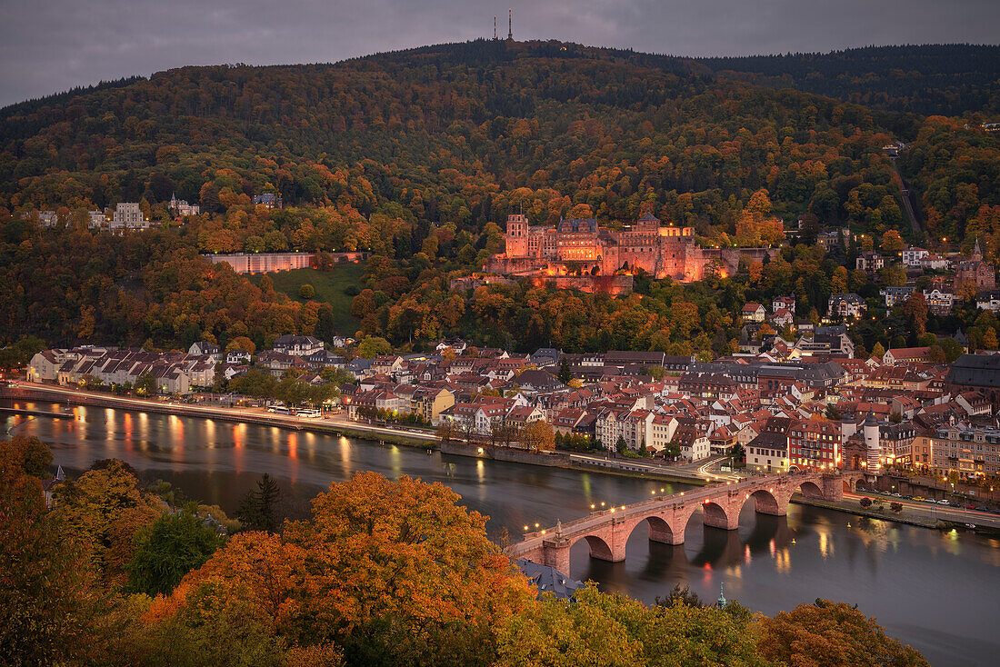 View over the Neckar (river) and Old Bridge towards the ruins of Heidelberg Castle, Heidelberg, Baden-Wuerttemberg, Germany, Europe