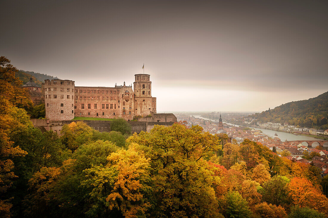 View from Scheffel Terrace to the ruins of Heidelberg Castle with the old town and the Neckar (river), Heidelberg, Baden-Württemberg, Germany, Europe