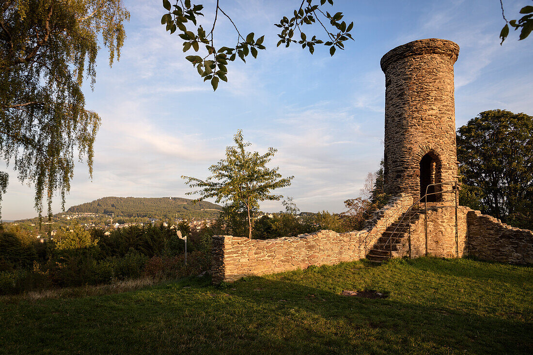 Tower of a fortress, view to Annaberg-Buchholz, Erzgebirge district, Ore Mountains, Saxony, Germany, Europe