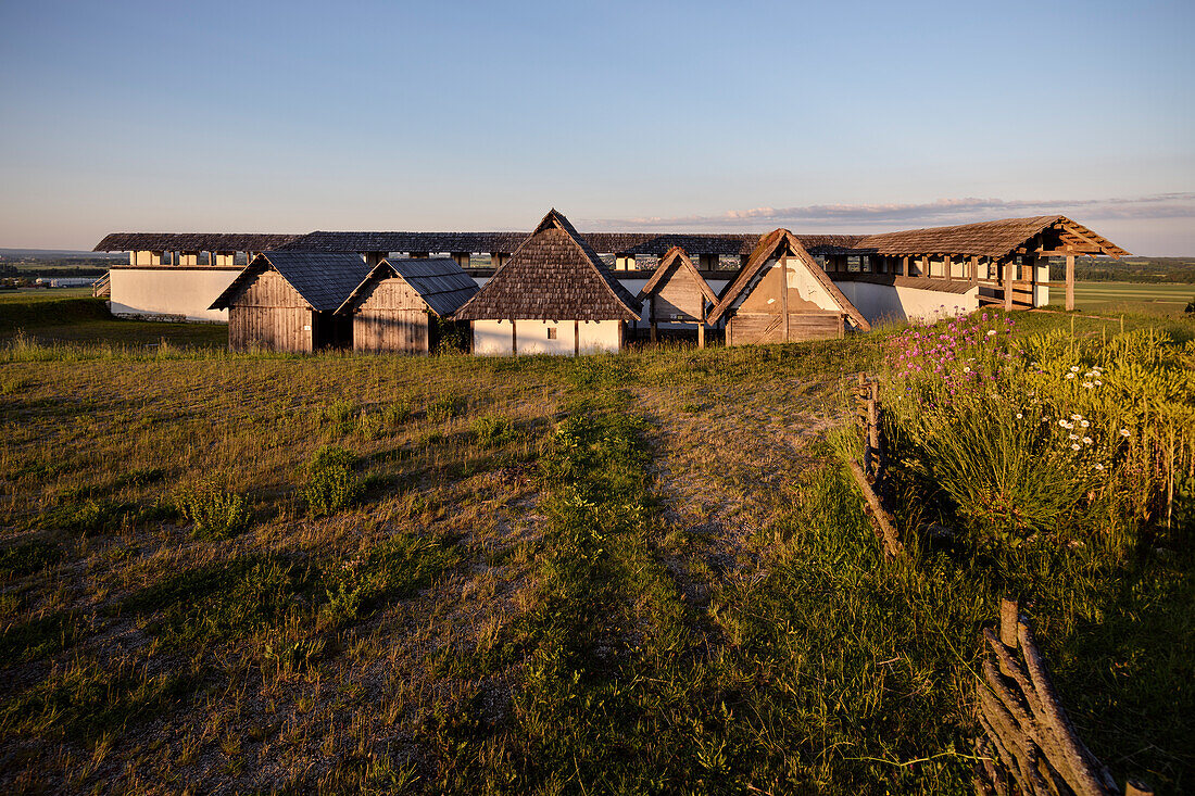 Houses in the Heuneburg Celtic Open-Air Museum, Hundersingen near Herbertingen, Sigmaringen district, Swabian Jura, Baden-Wuerttemberg, Germany, Europe