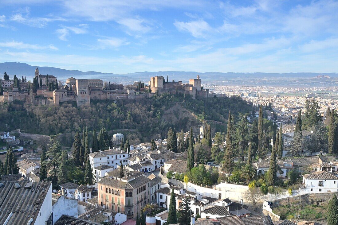 Blick vom Sacro Monte auf die Alhambra und Albaicin, Granada, Andalusien, Spanien