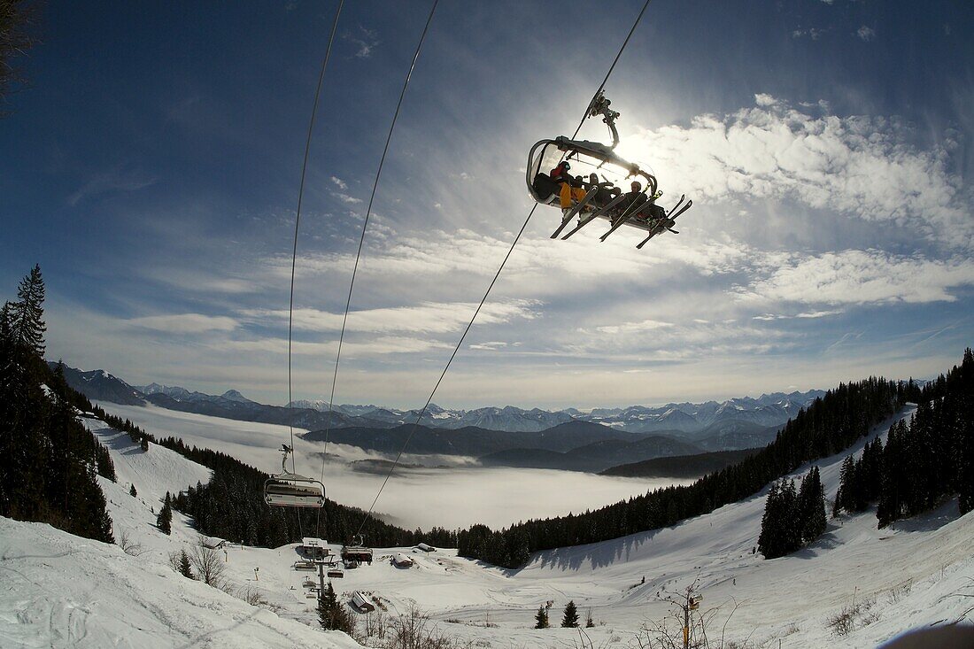 on the ideal slope in the Brauneck ski area near Lenggries, winter in Bavaria, Germany