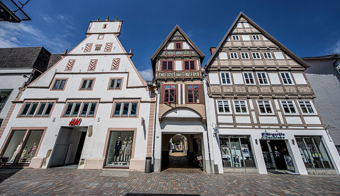Renaissance and late Gothic gabled houses on Mittelstrasse, old town of Lemgo, North Rhine-Westphalia, Germany