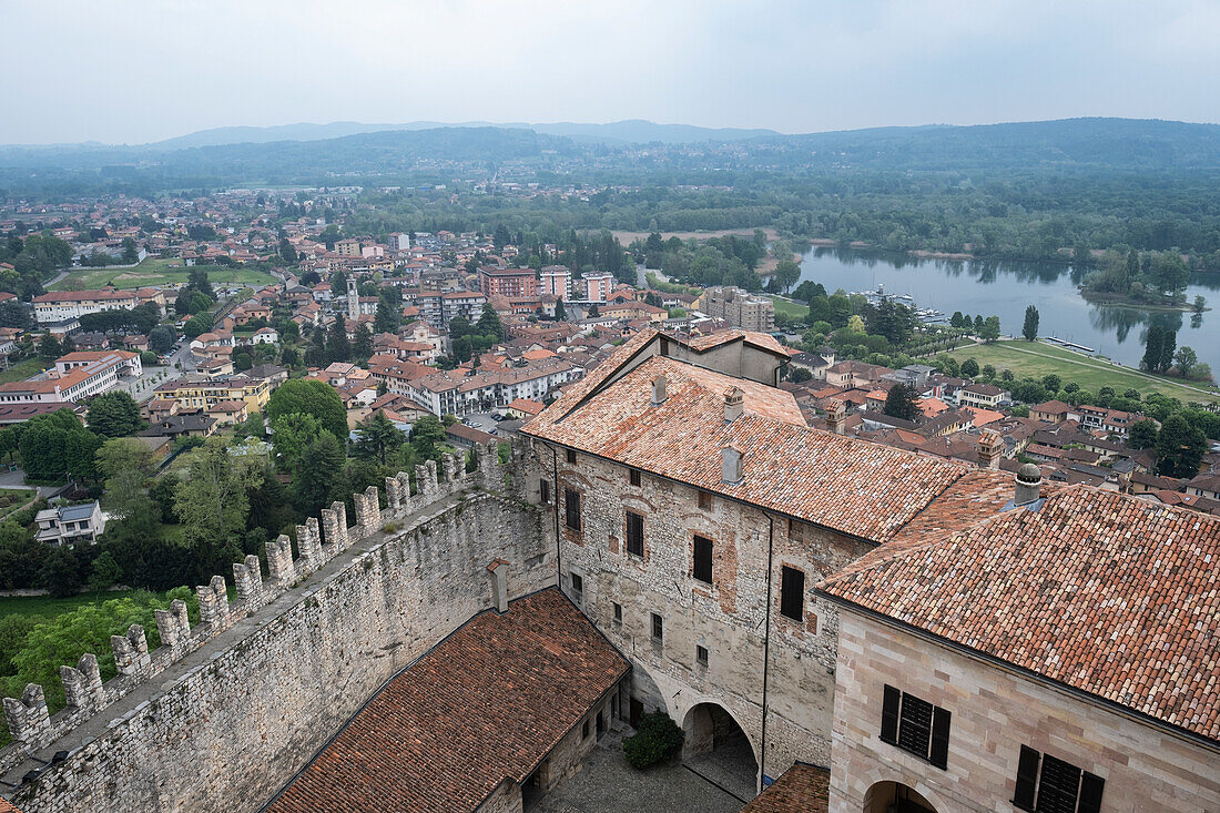 The castle walls of Rocca di Angera on Lake Maggiore, Varese Province, Lombardy, Italian Lakes, Italy, Europe