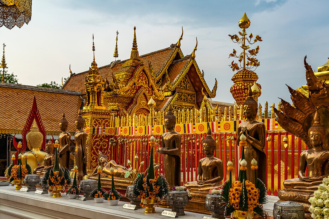 Buddha statues in the Buddhist temple complex of Wat Phra That Doi Suthep, landmark of Chiang Mai, Thailand, Asia