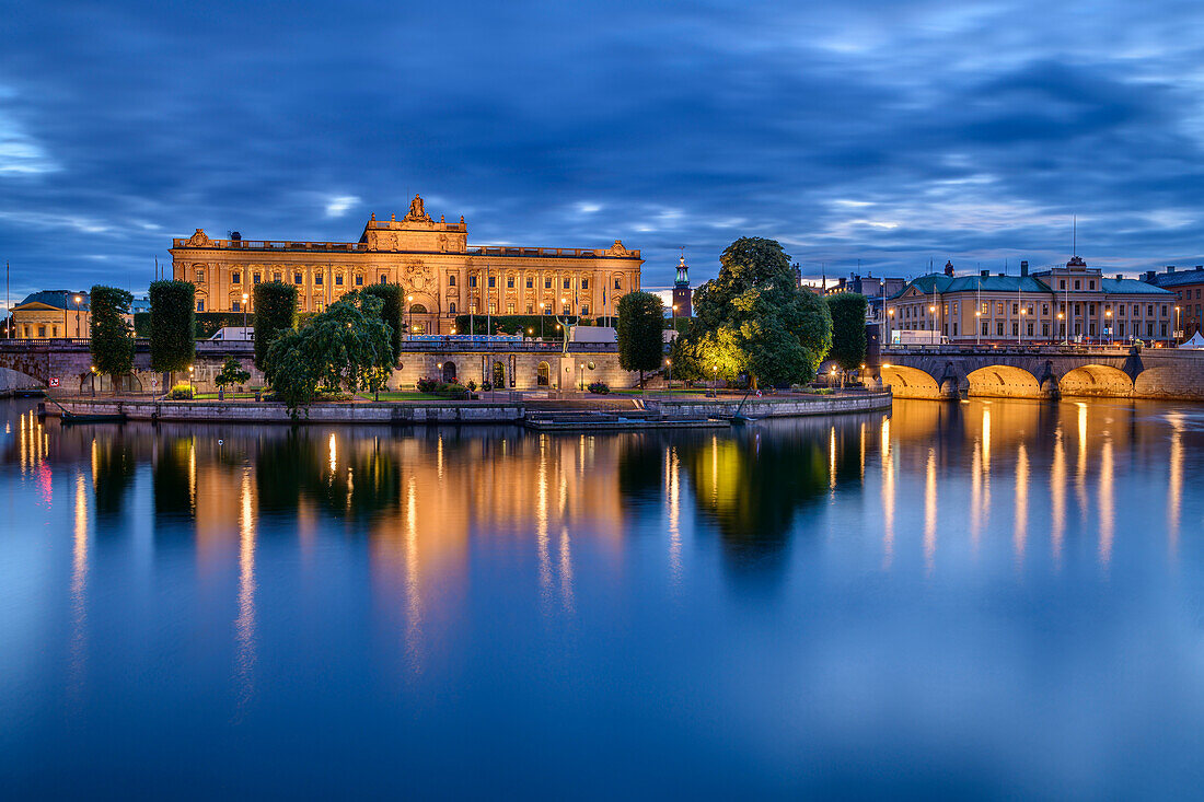 View of illuminated Reichstag, Riksdagshuset, from Stockholm, Stockholms Iän, Sweden