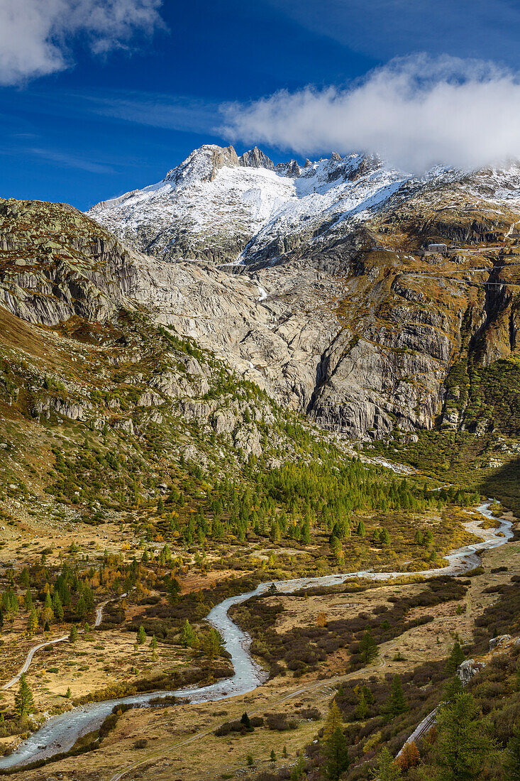 Rhonetal mit Blick zur Rhonequelle, Urner Alpen, Wallis, Schweiz