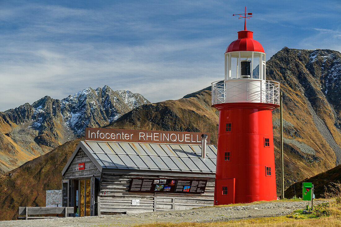 Infocenter und Leuchtturm Rheinquelle am Oberalppass, Gotthardgruppe, Graubünden, Schweiz