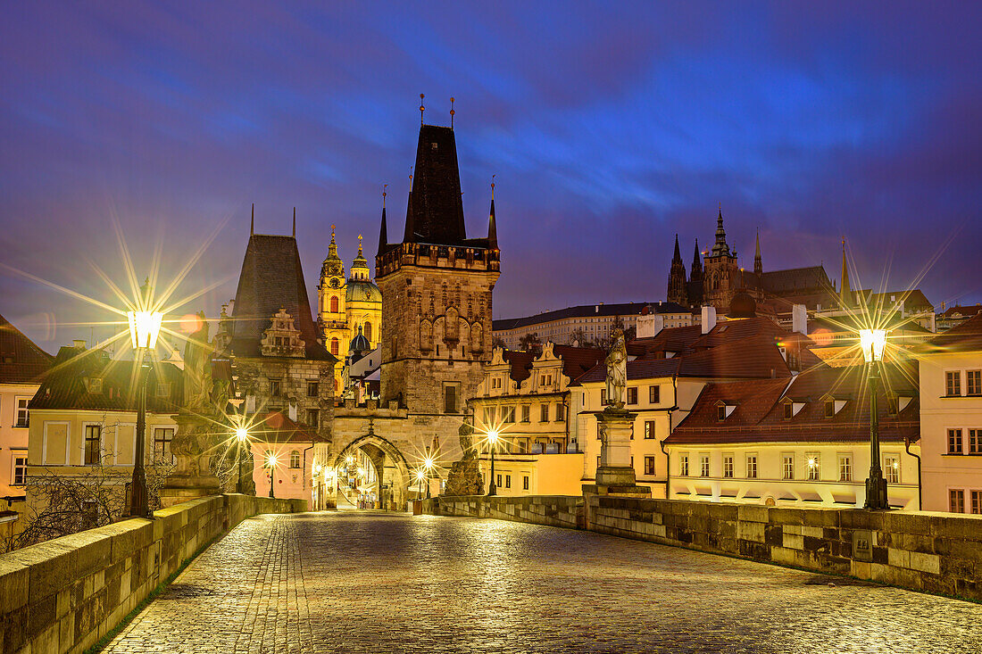 Illuminated Charles Bridge with Lesser Town Bridge Towers, Prague, Czech Republic