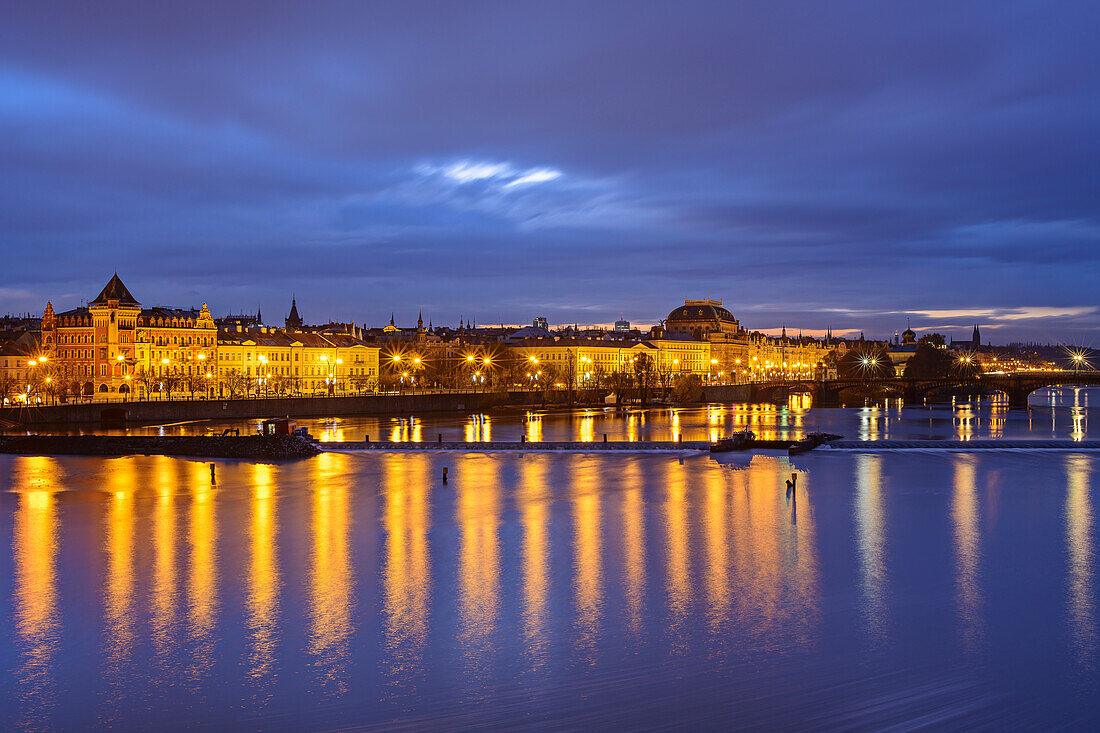 Illuminated Old Town of Prague with National Museum, Charles Bridge, Prague, Czech Republic