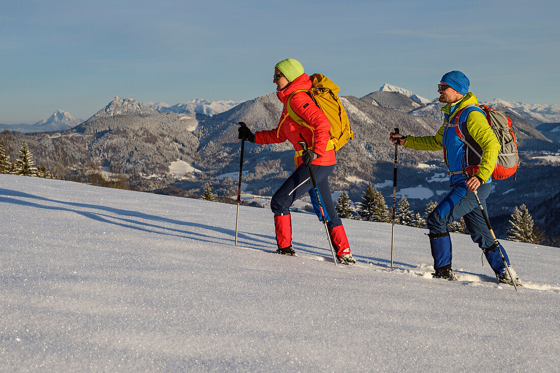 Mann und Frau beim Wandern mit Schneeschuhen am Gaisberg, Salzkammergutberge im Hintergrund, Gaisberg, Salzkammergut, Salzkammergutberge, Salzburg, Österreich