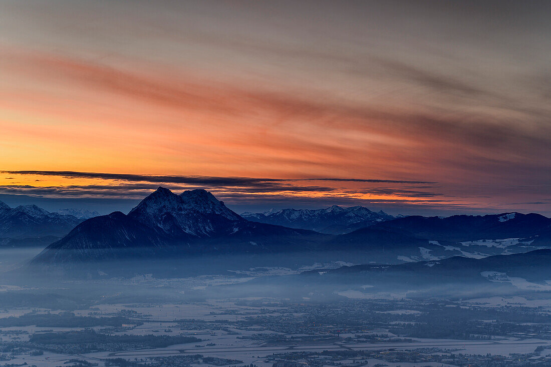 Dusk at Hochstaufen, from Gaisberg, Salzkammergut, Salzkammergut Mountains, Salzburg, Austria