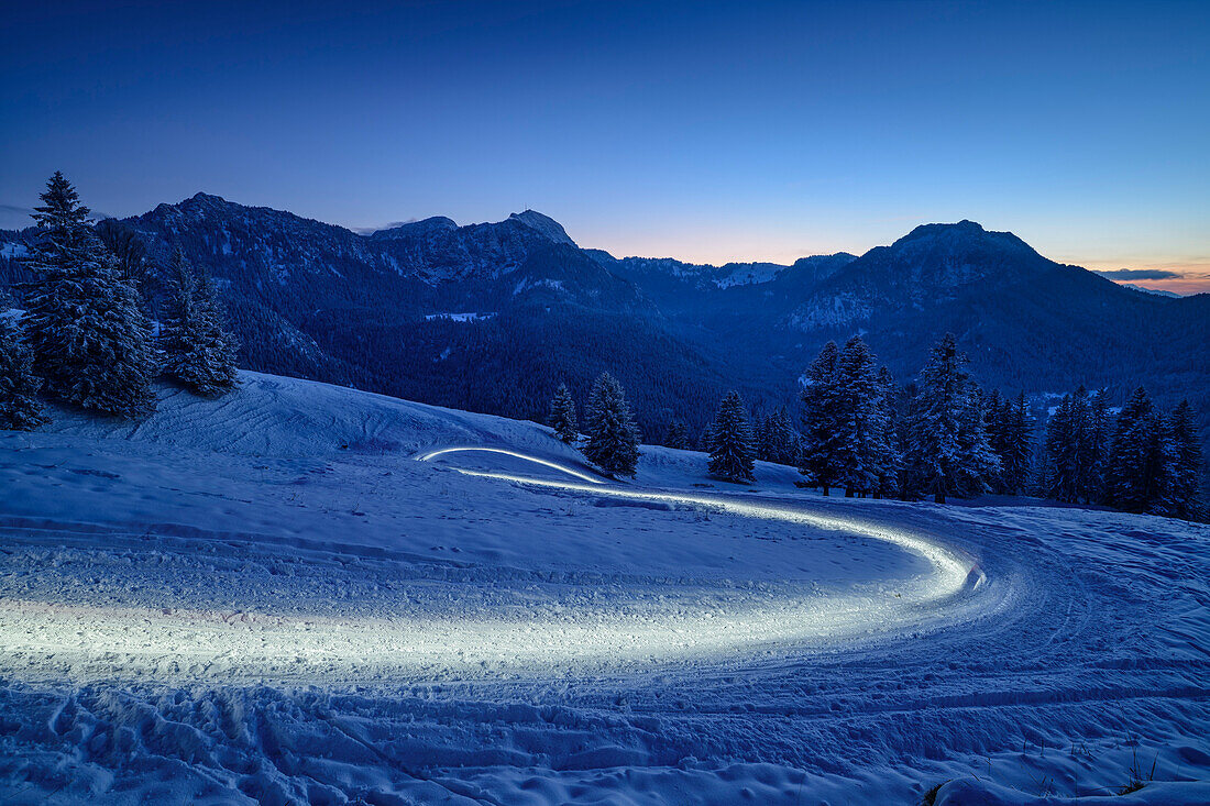 Person drives in headlamp light with sled from Farrenpoint, Farrenpoint, Bavarian Alps, Upper Bavaria, Bavaria, Germany