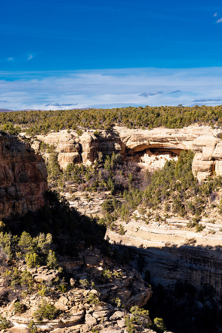 Alte Klippenwohnungen der angestammten Pueblos im Mesa-Verde-Nationalpark, Cliff Palace, Colorado, USA