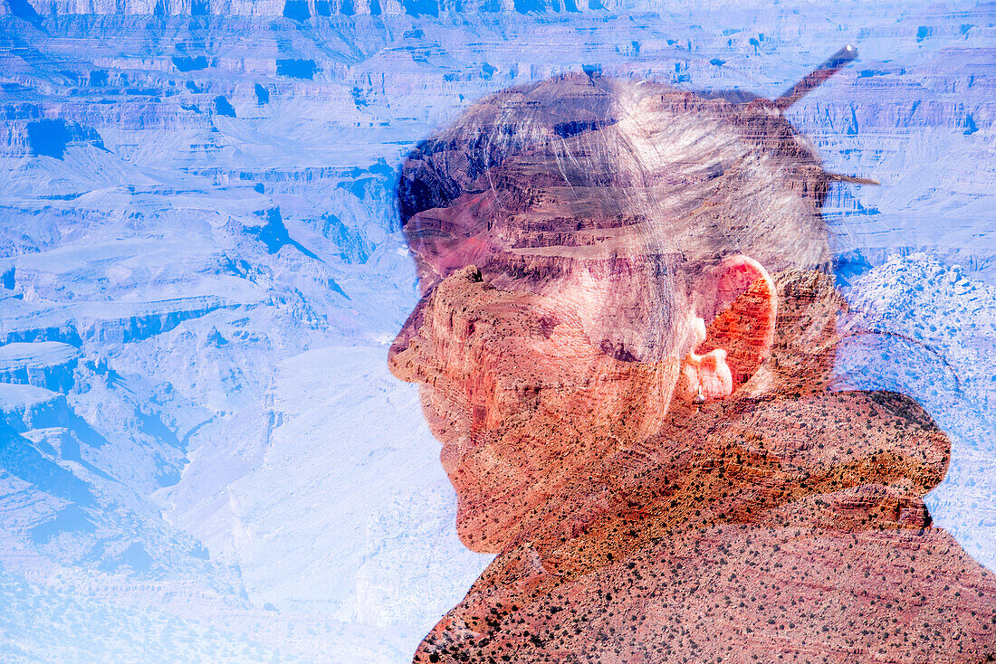 Double exposure of a woman and the Grand Canyon.