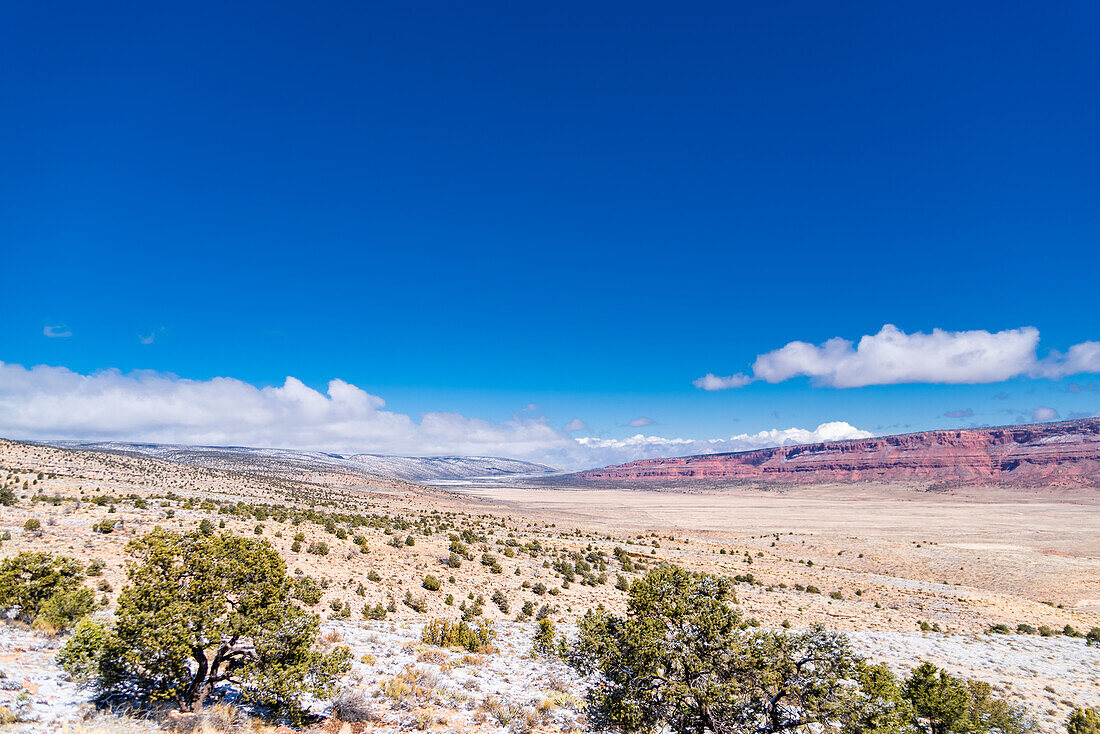 The Vermilion Cliffs National Monument seen on the horizon of the Arizona desert.