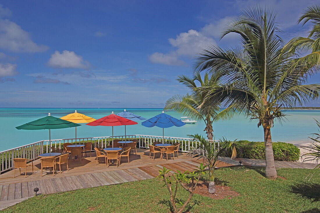 Strandcafe unter Kokospalmen am Karibikstrand, Cape Santa Maria, Insel Long Island, Bahamas