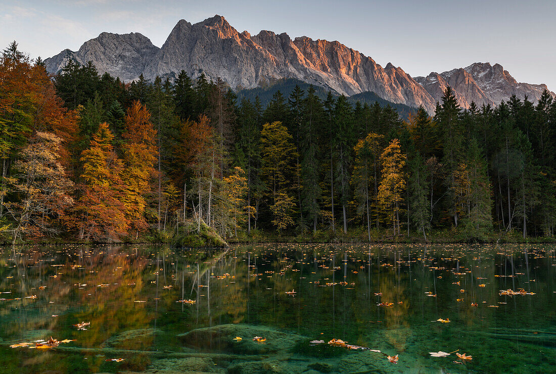 Herbstliche Farben am Badersee mit dem Zugspitzmassiv im Hintergrund nahe Grainau in Oberbayern, Deutschland.