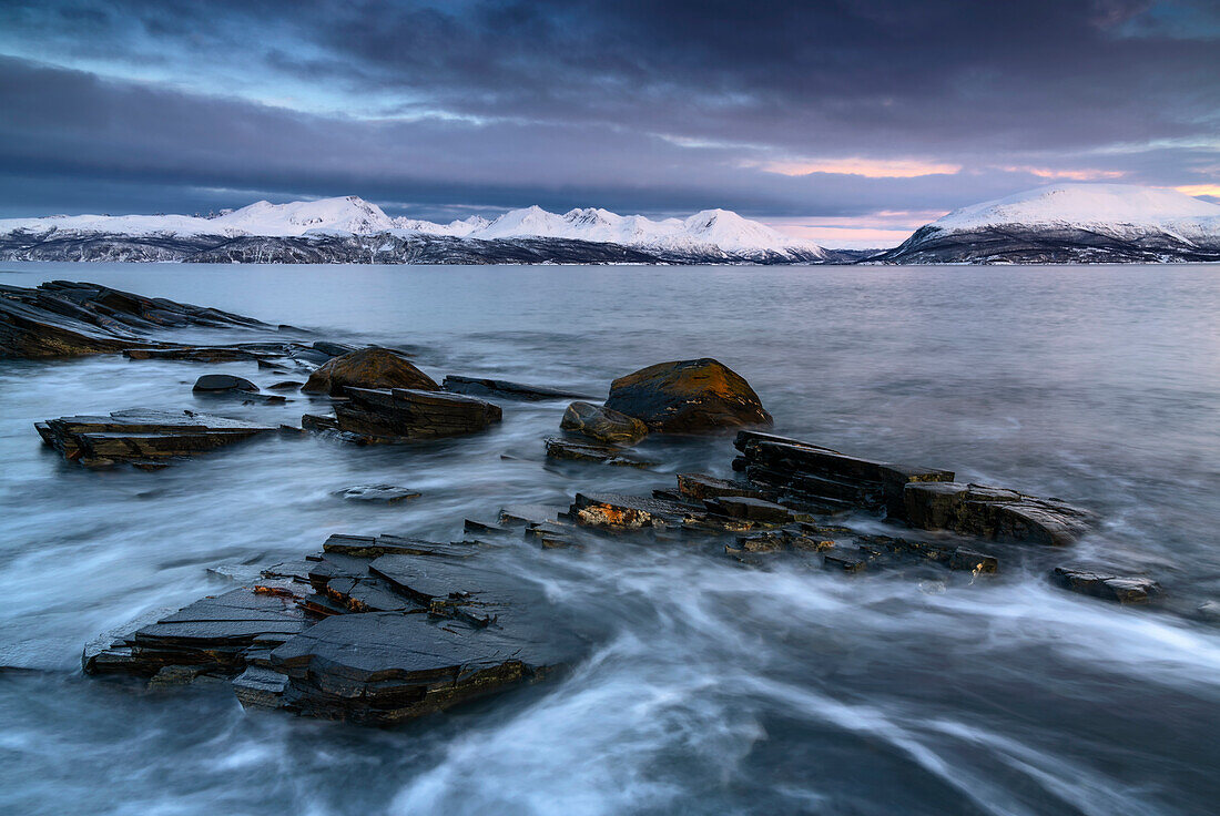 Wintry fjord landscapes in the Lyngen Alps, Norway.