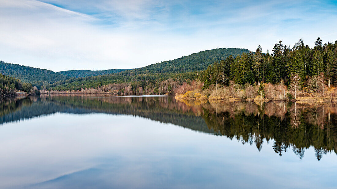 Panorama at Schwarzenbach Lake, trees are reflected in the water, Forbach, Black Forest, Baden-Württemberg, Germany