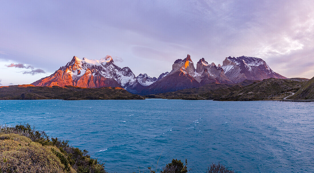 Picturesque panorama of Torres del Paine massif with Paine Grande and Los Cuernos in breathtaking dawn, Chile, Patagonia